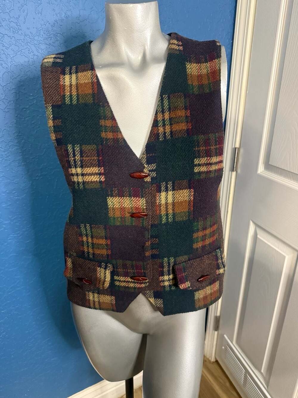 Vintage 90s On The Verge Wool Plaid Patchwork Vest M Made USA Academia